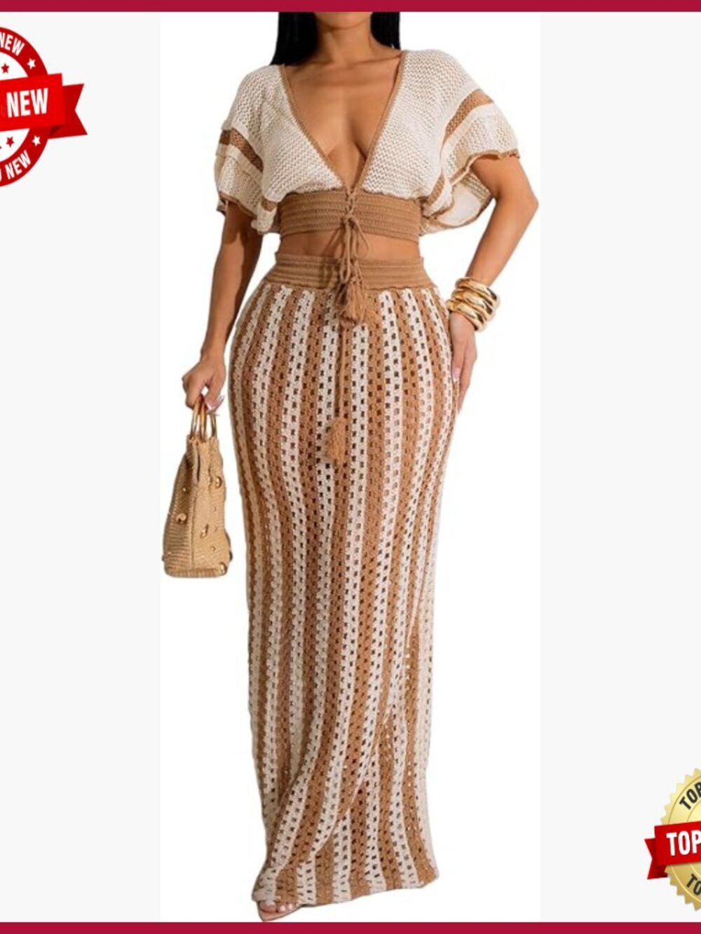 Crochet Knit Maxi Skirt Set with Batwing Crop Top, Size Large